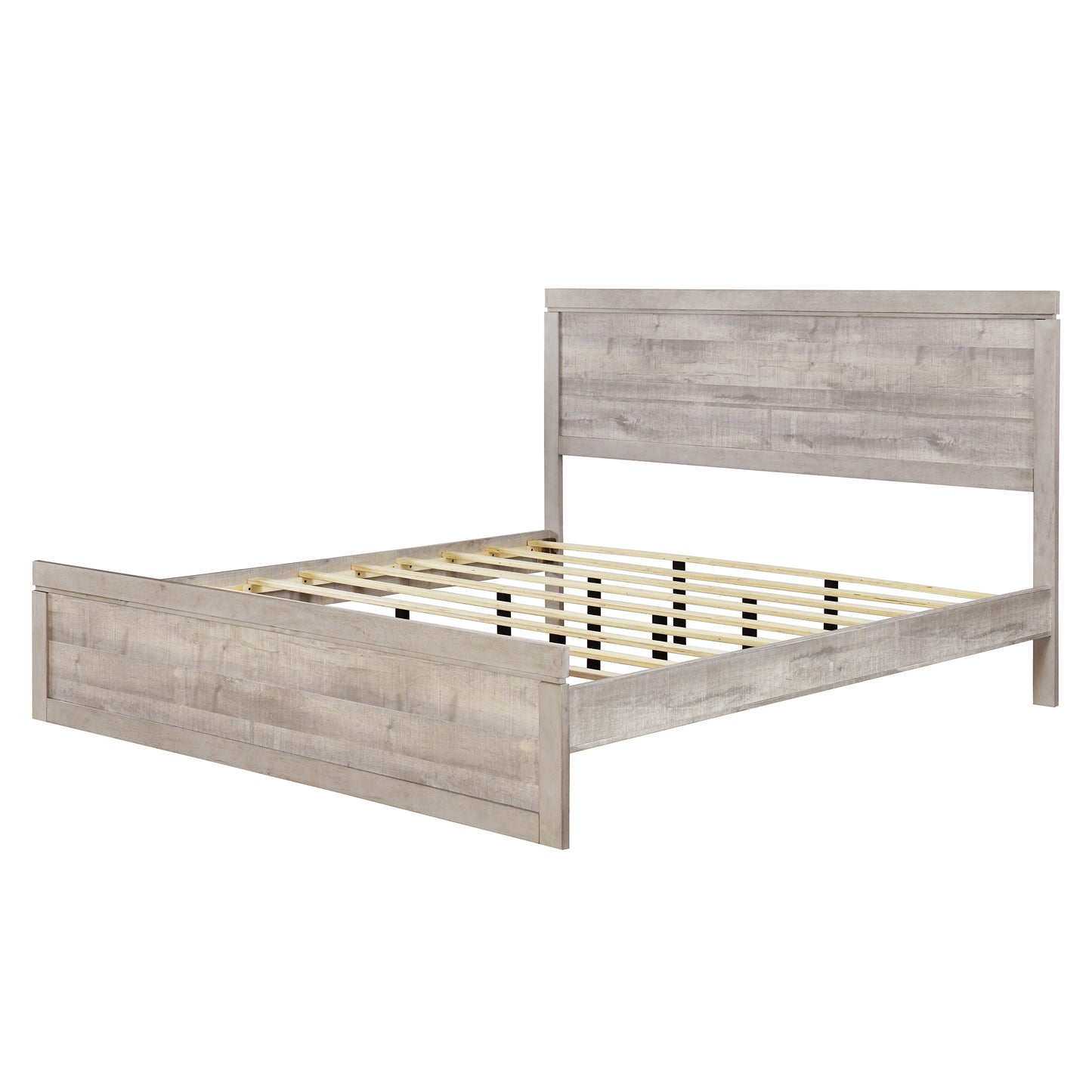 Vintage farmhouse king platform bed with wooden slats, rustic white