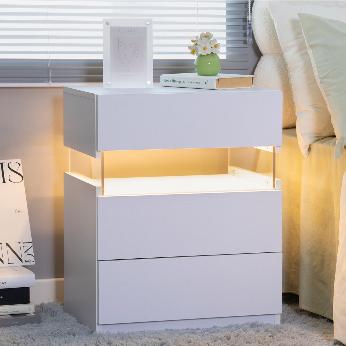 LED nightstand with 3 drawers and acrylic board, white