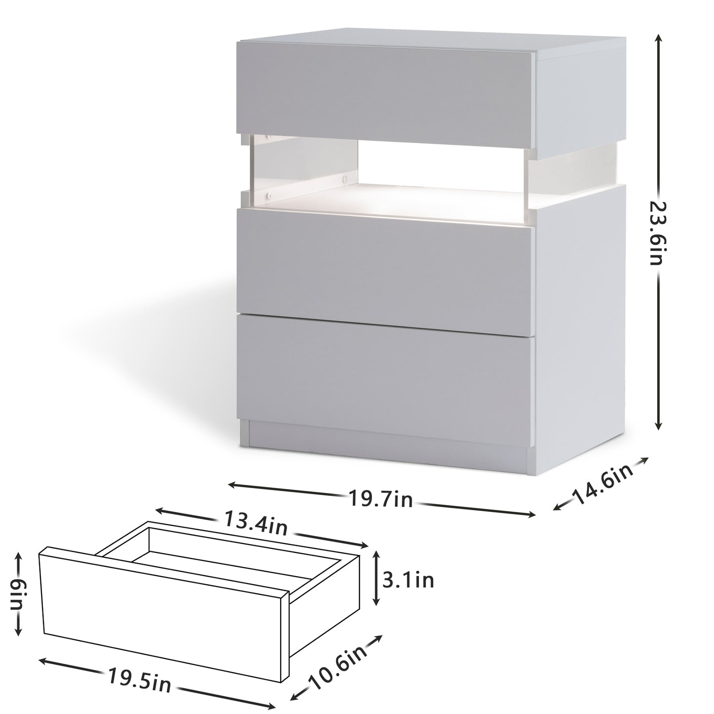 LED nightstand with 3 drawers and acrylic board, white