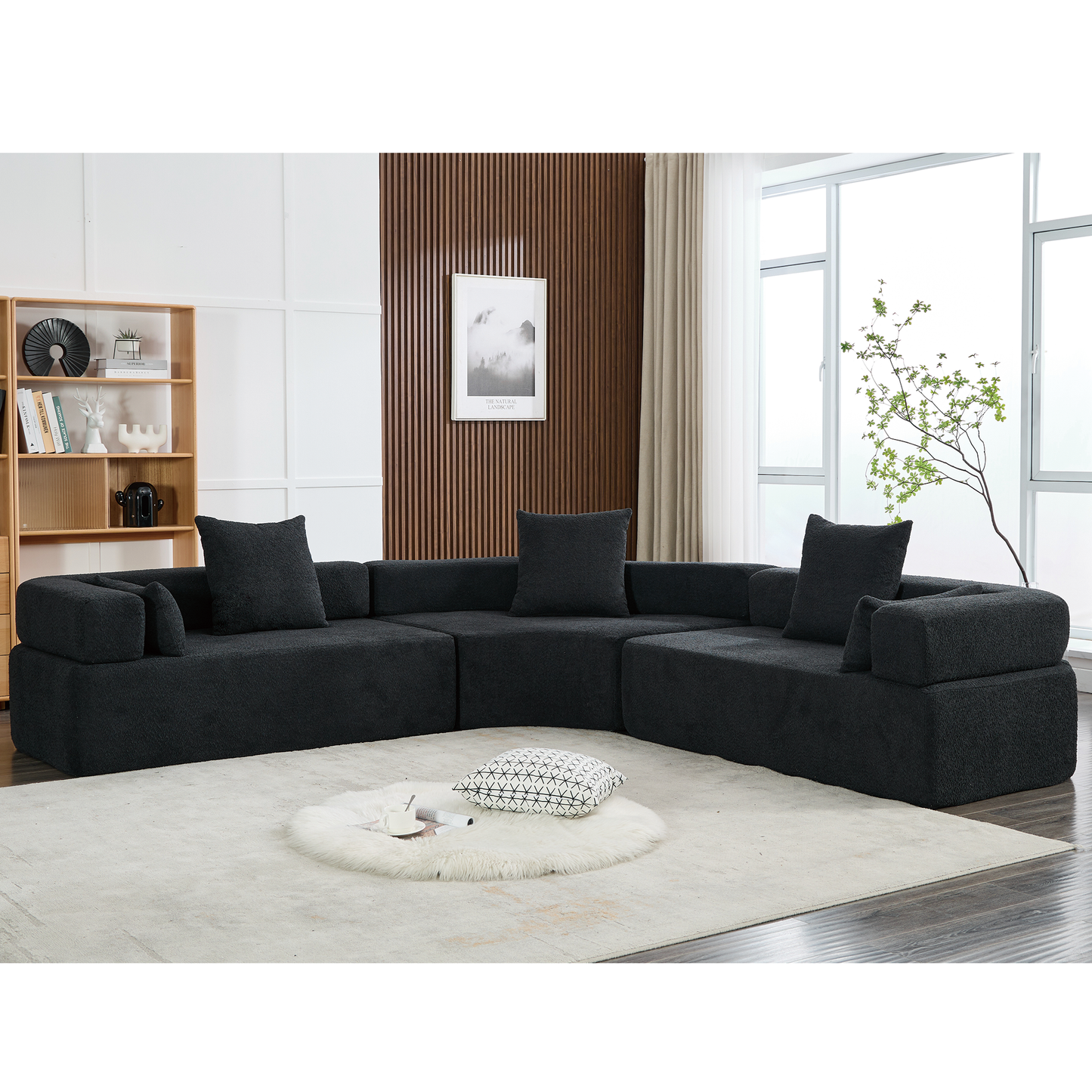 Oversized Curved 4-Seater Modular Sofa, 3-Piece Boucle, Black