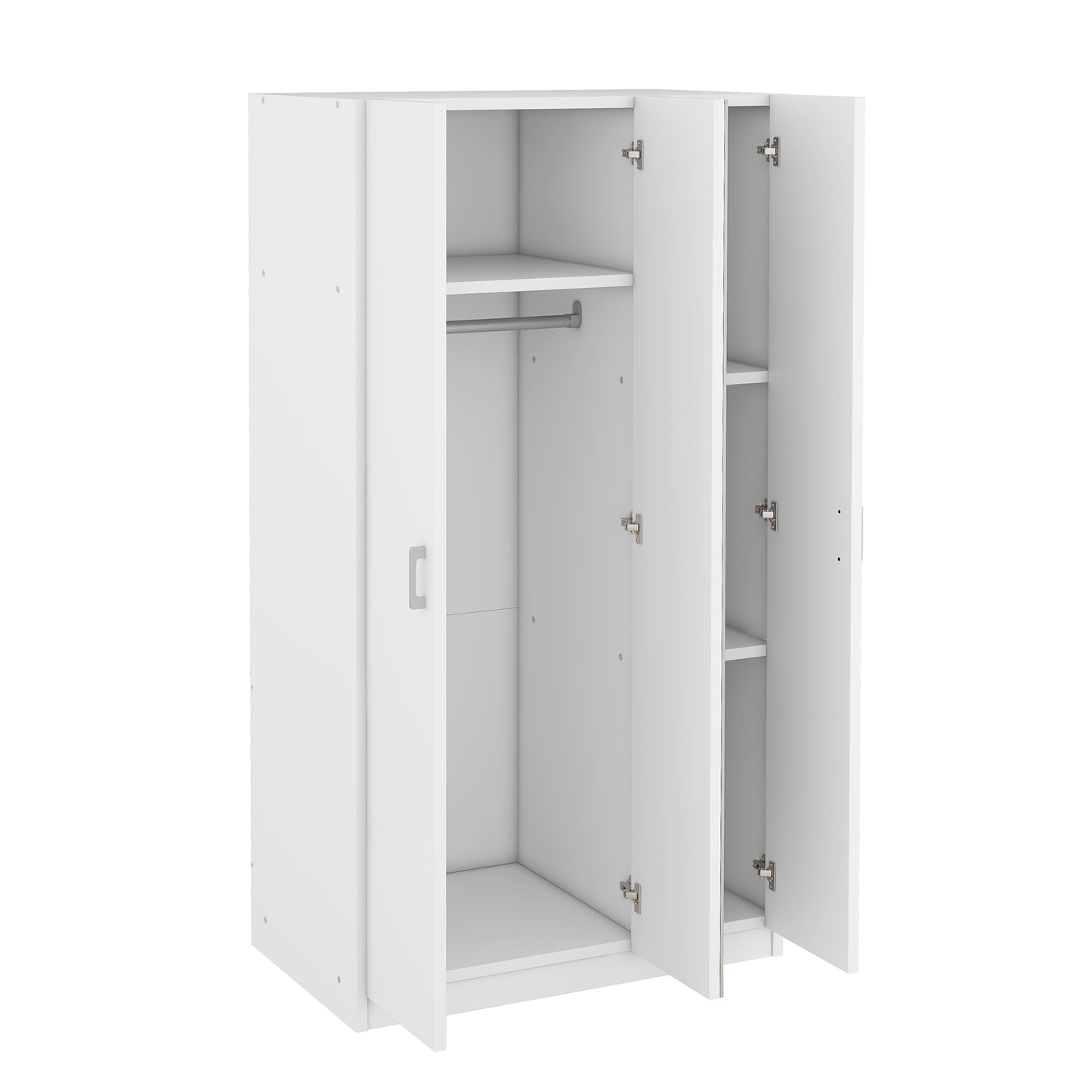 3-door mirror dresser wardrobe with hanging rod and 3 shelves, white