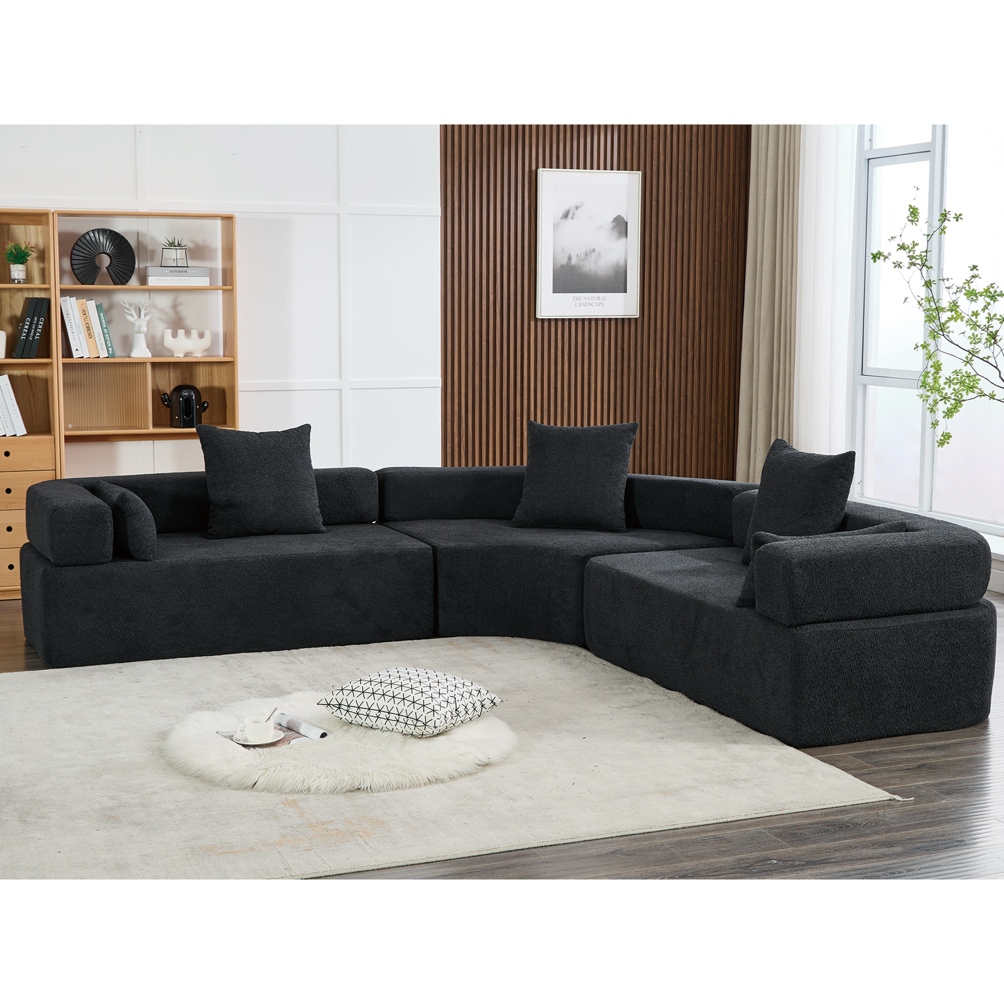 Oversized Curved 4-Seater Modular Sofa, 3-Piece Boucle, Black