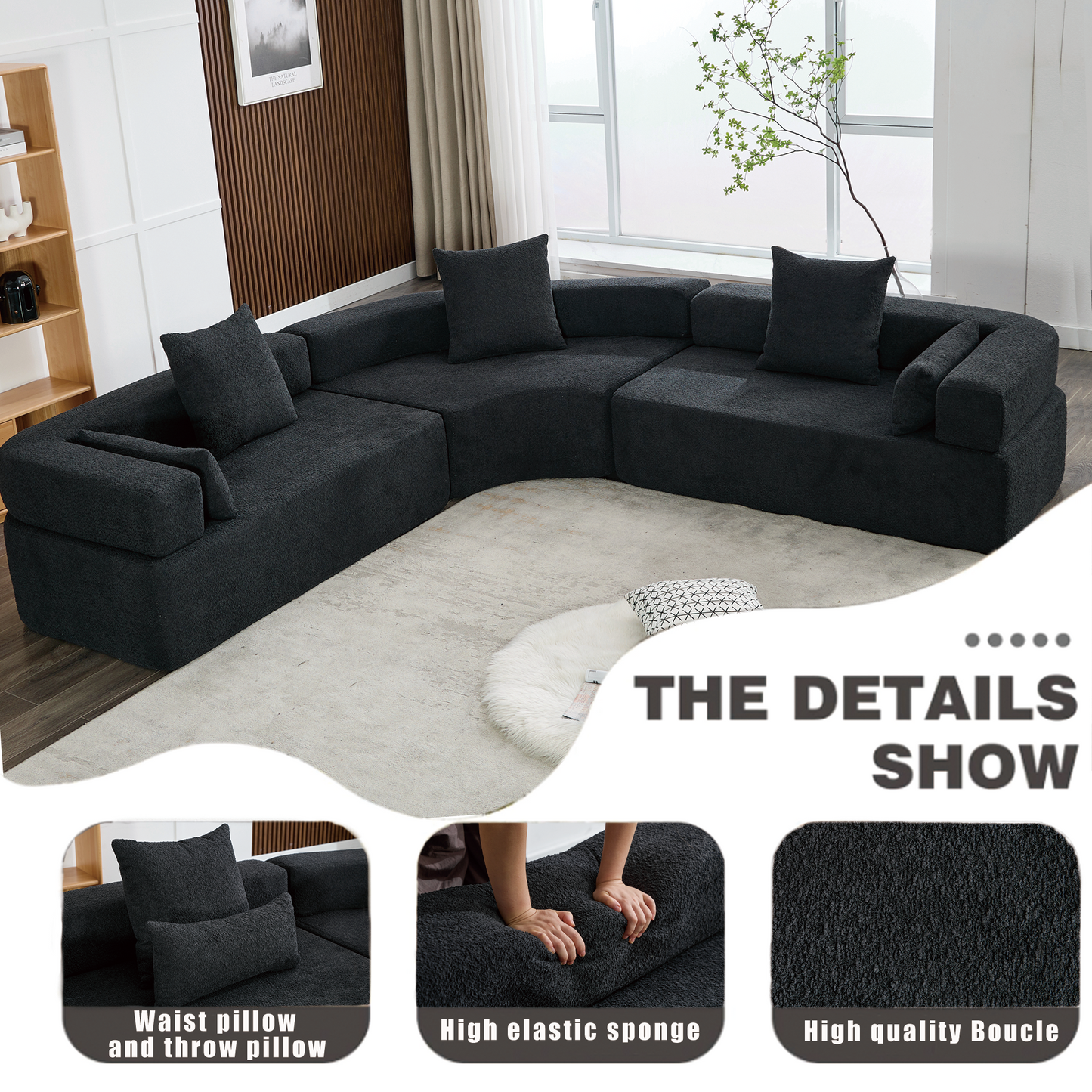 Oversized Curved 4-Seater Modular Sofa, 3-Piece Boucle, Black