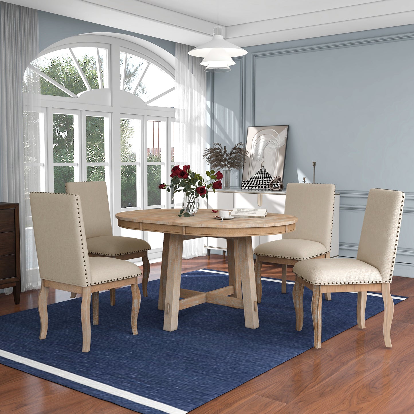 5-piece farmhouse round extendable dining set, natural wood wash, upholstered chairs