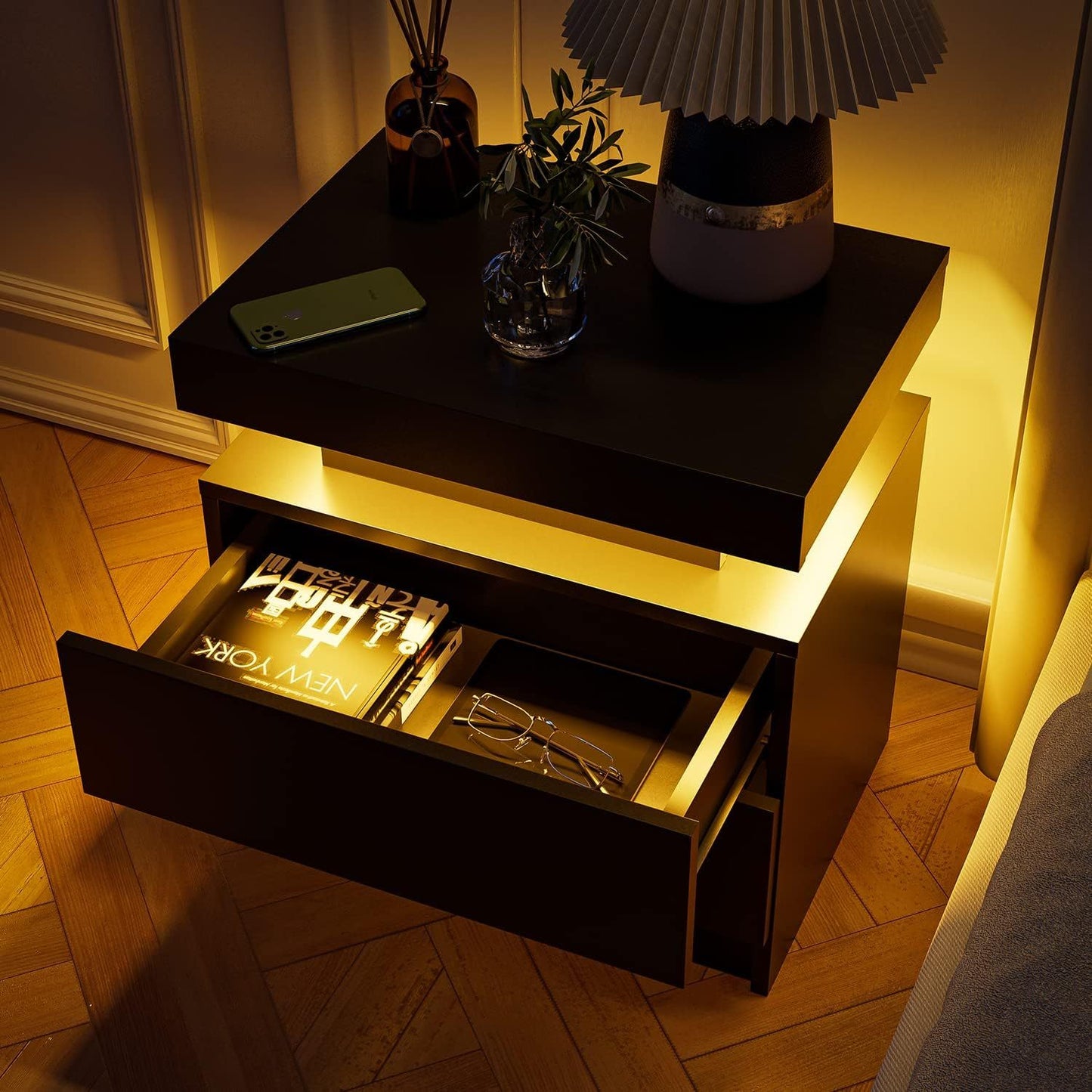 Modern LED nightstand with 2 drawers, white