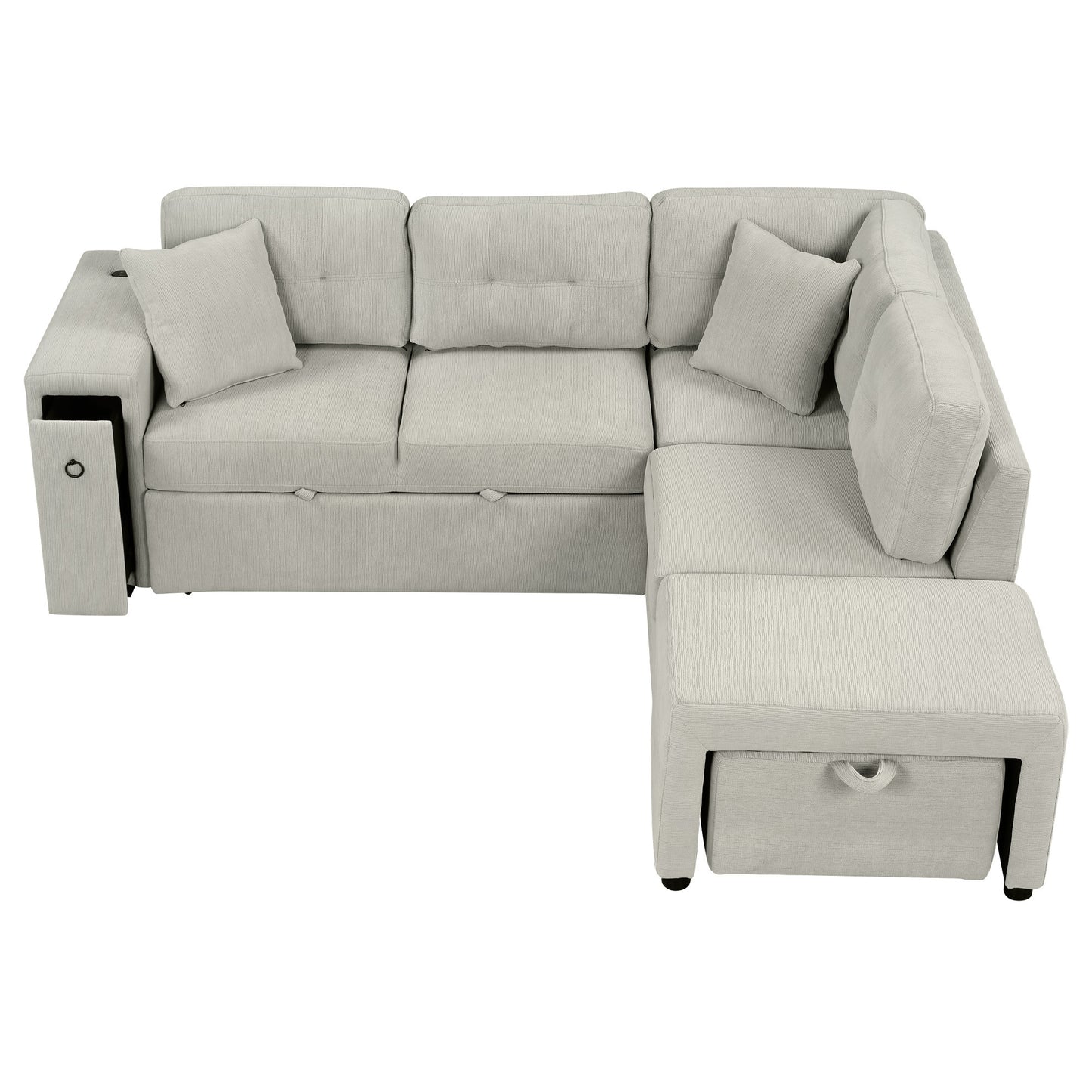 86.6 L-Shaped Sofa Bed with Ottoman, USB Ports & Cup Holders, Gray