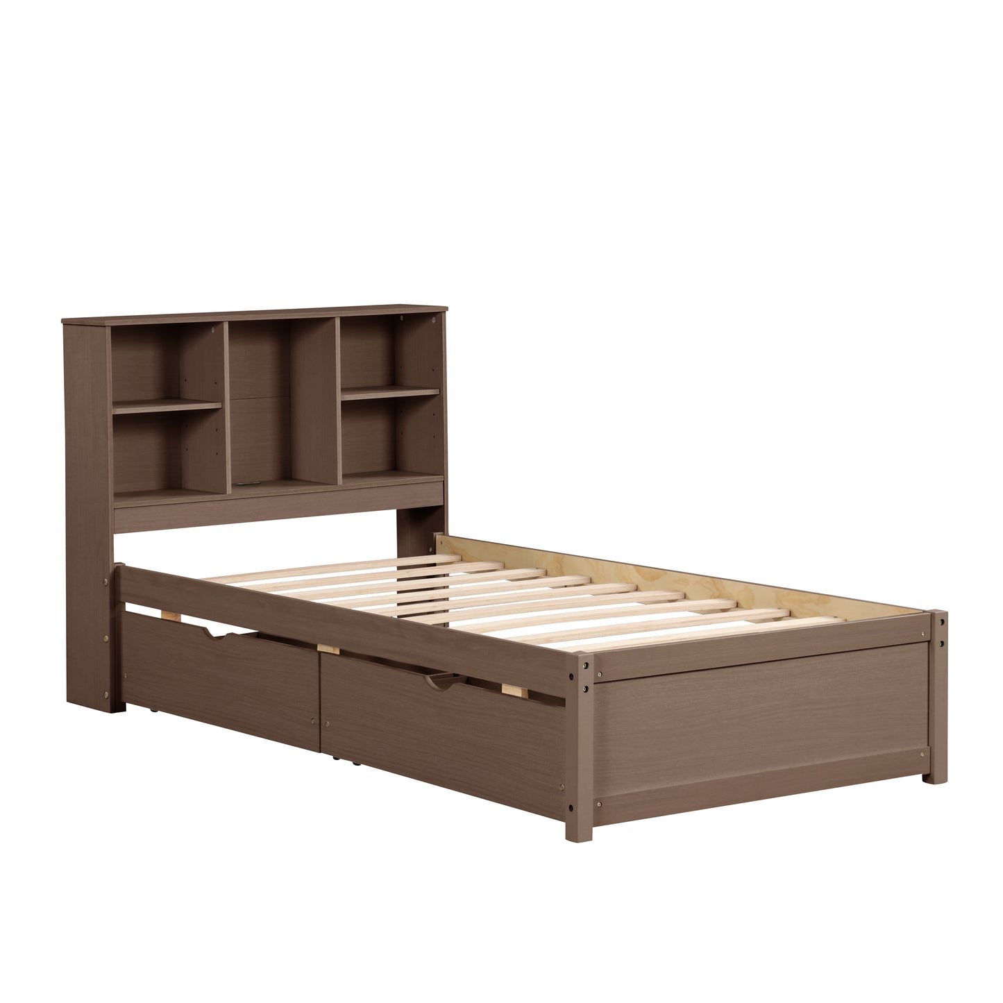 Modern twin bed frame with USB port, bookcase headboard, and drawers, walnut