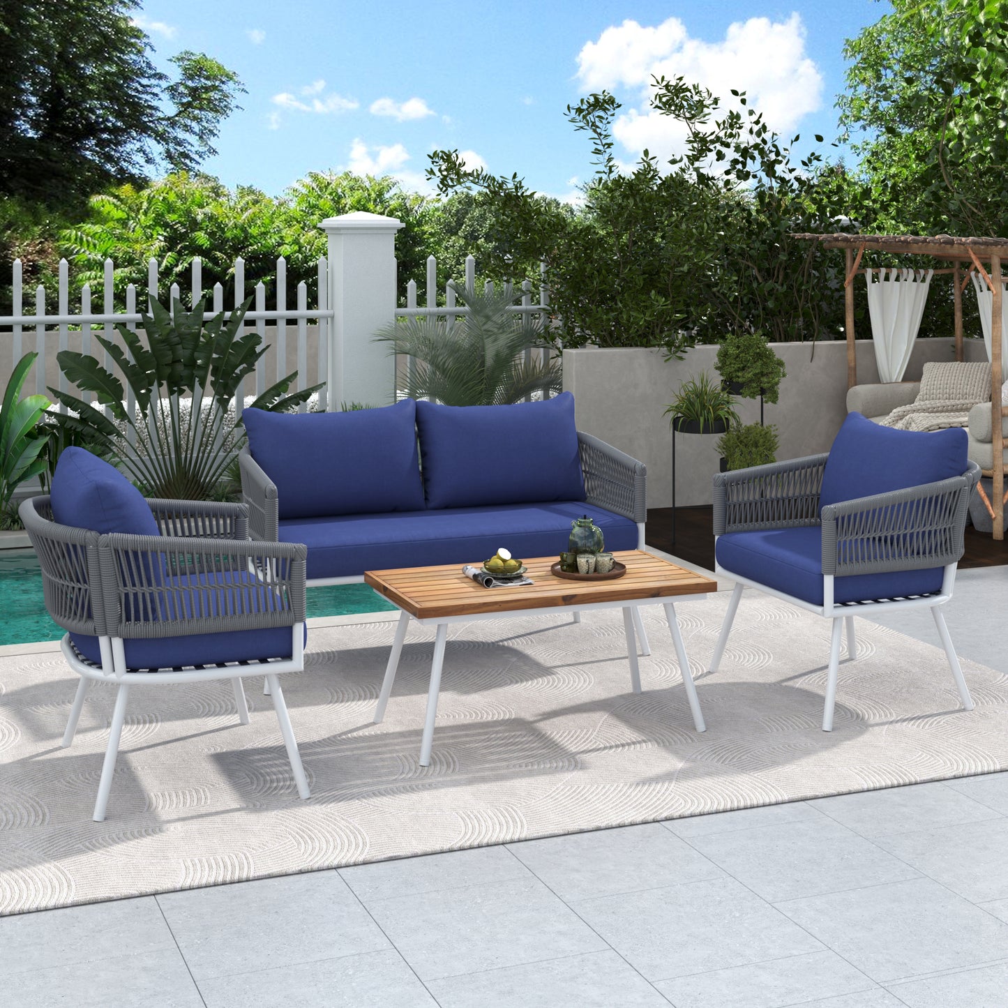 K&K 4-Piece Boho Patio Set with Acacia Wood Table, Navy Blue