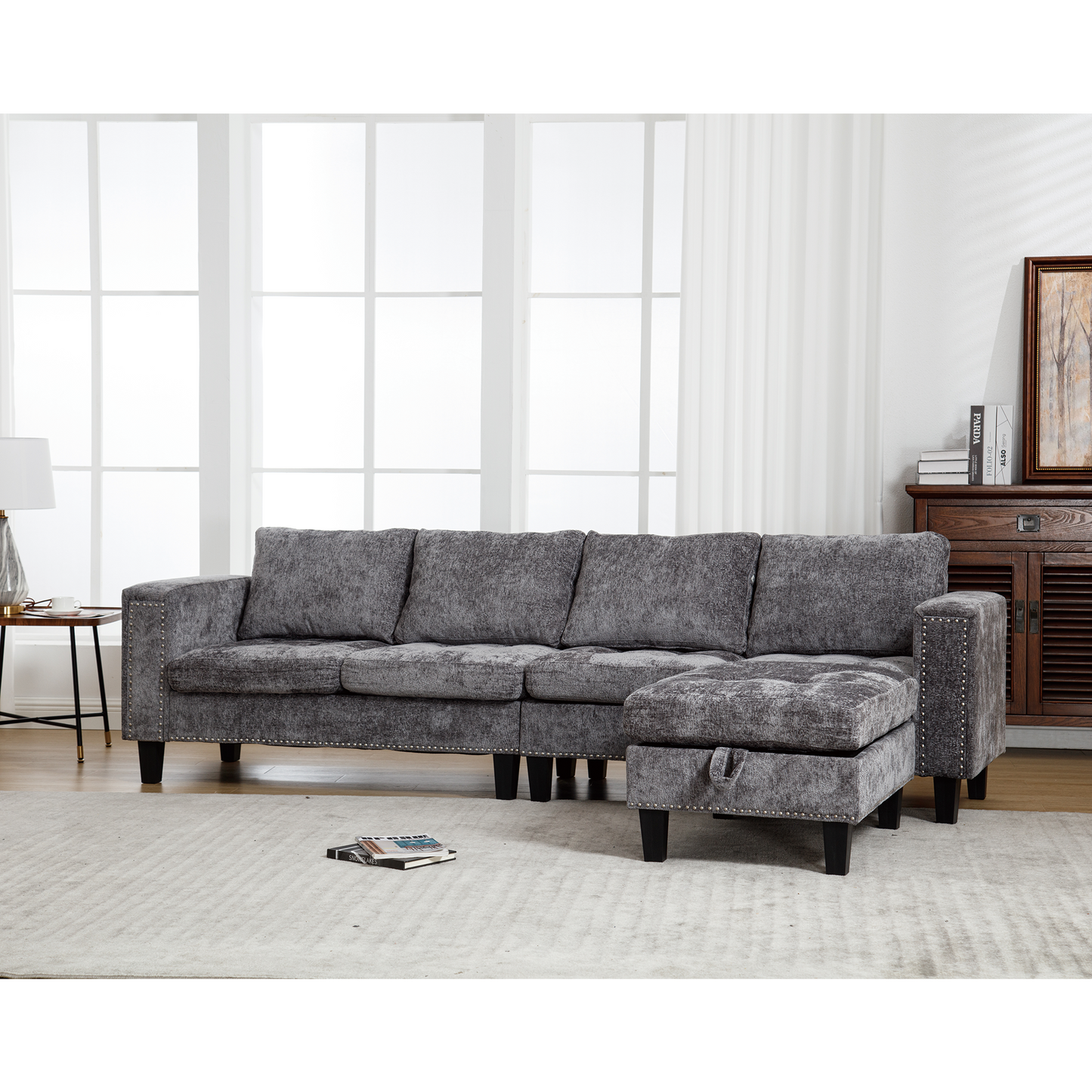 5-Seat Modular Sofa with Storage Ottoman, Reversible Chaise, Chenille, Gray