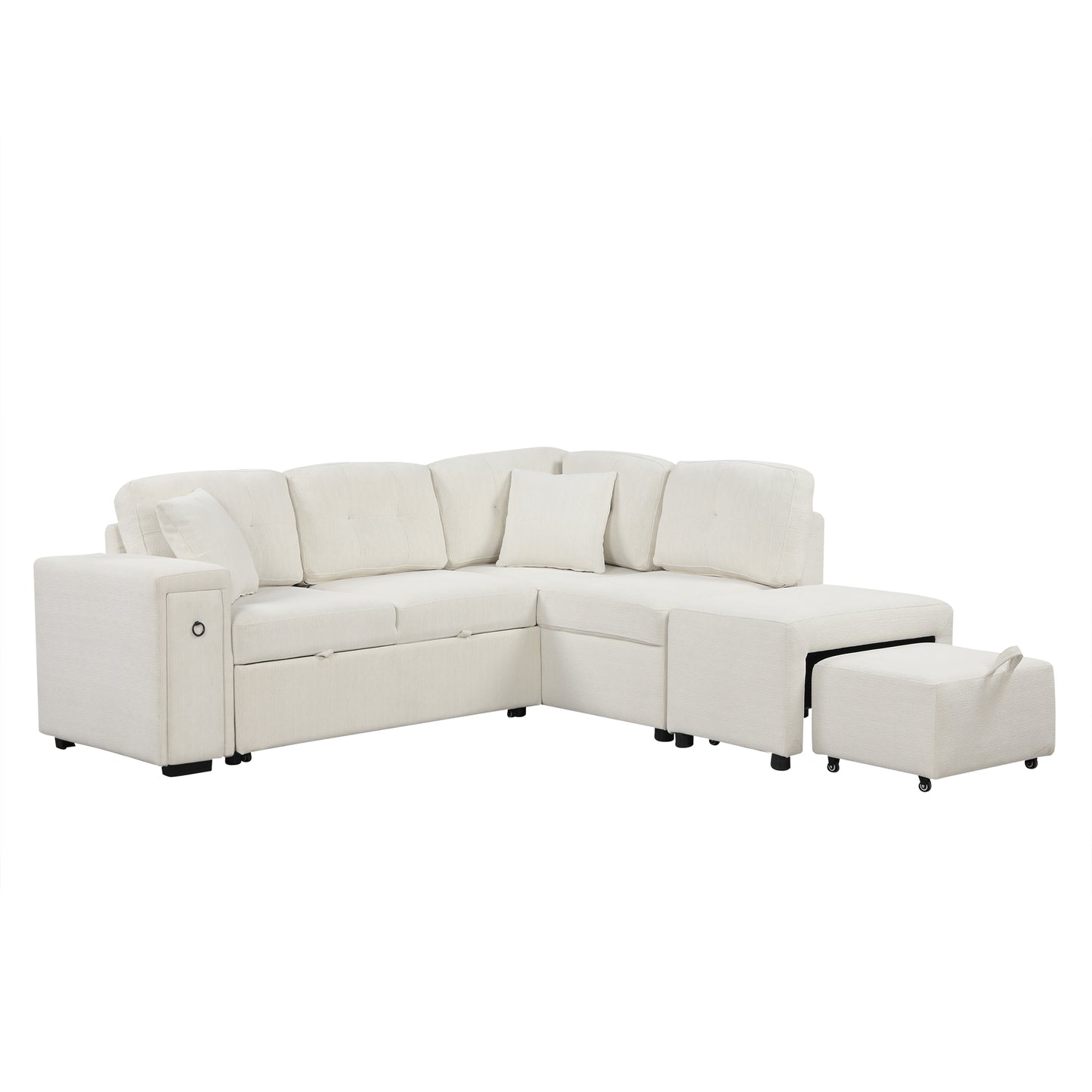 86.6 L-Shaped Sofa Bed with Ottoman, USB Ports & Cup Holders, Beige