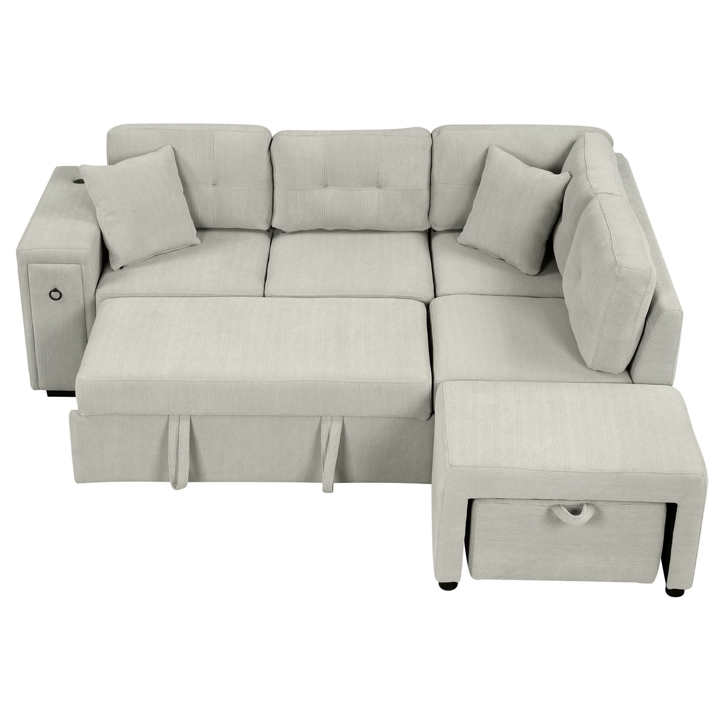 86.6 L-Shaped Sofa Bed with Ottoman, USB Ports & Cup Holders, Gray