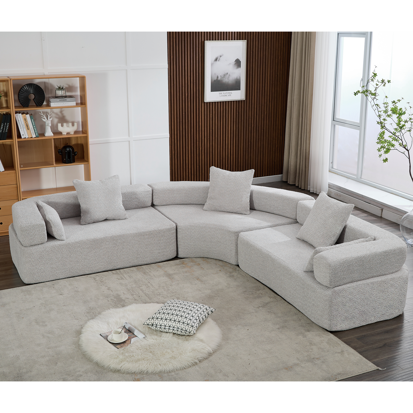 Oversized Curved 4-Seater Modular Sofa, 3-Piece Boucle, Gray