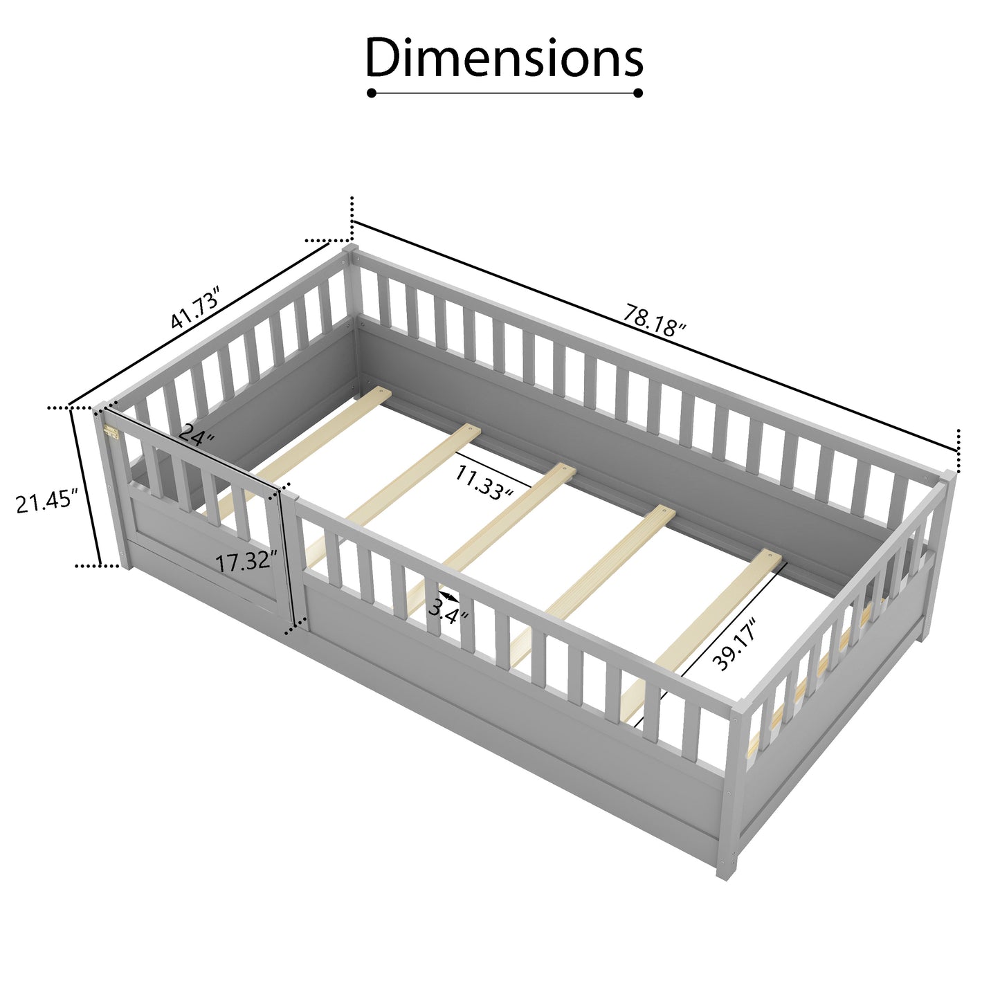 Twin floor bed with high security barrier and door, gray