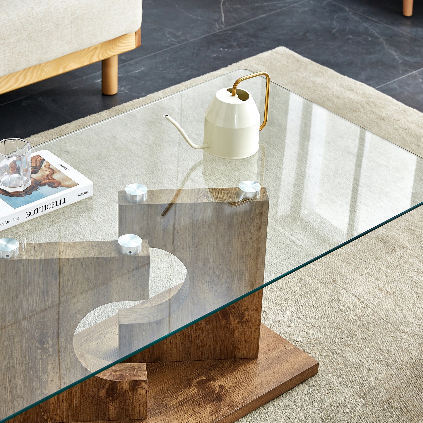 Rectangular Coffee Table with Glass Top & MDF Legs