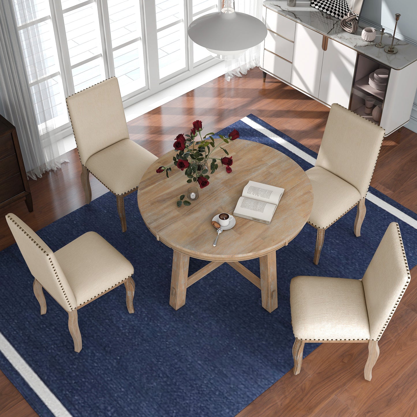 5-piece farmhouse round extendable dining set, natural wood wash, upholstered chairs