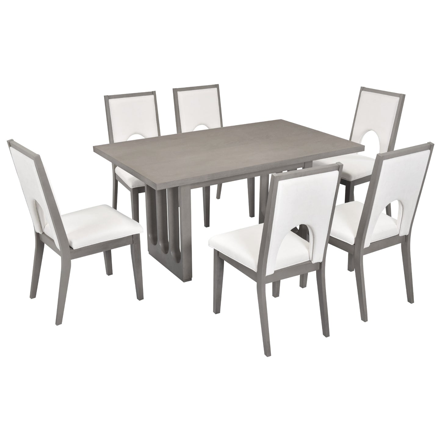 Wood dining table set for 6, grey table, beige upholstered chairs