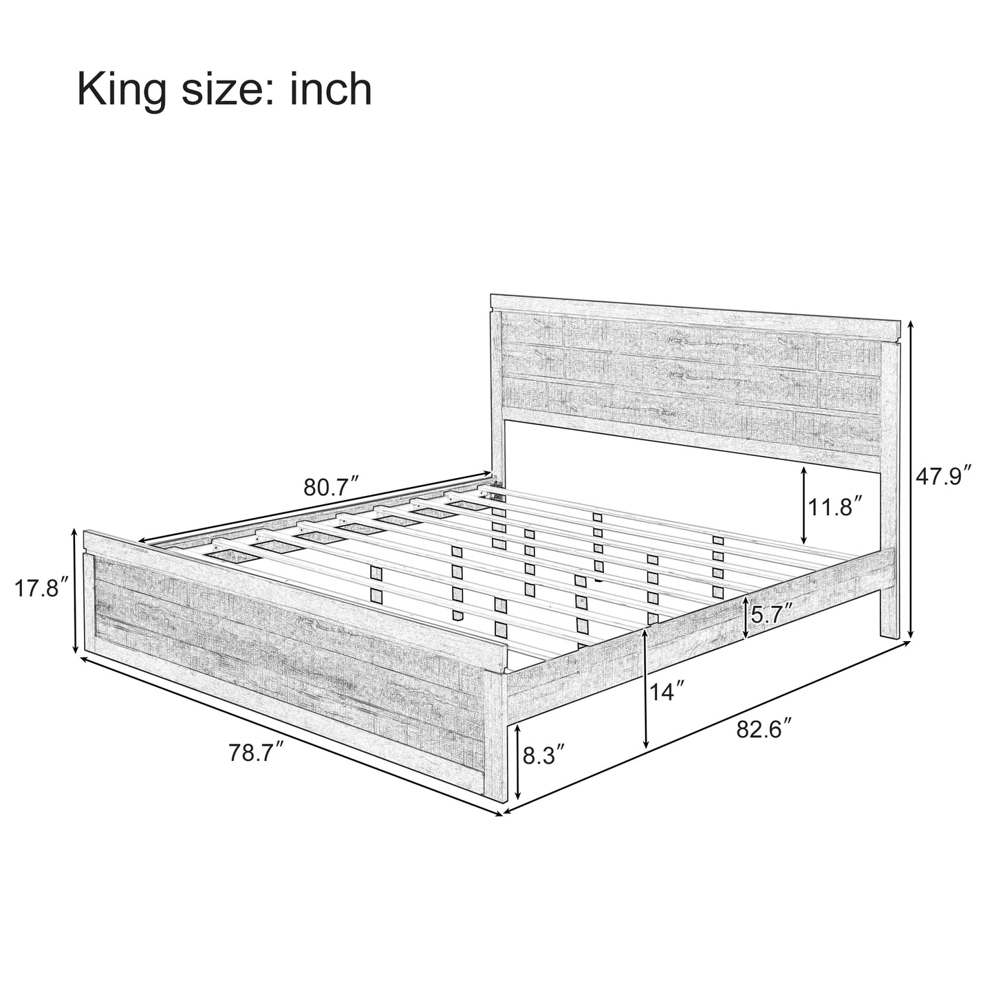 Vintage farmhouse king platform bed with wooden slats, rustic brown