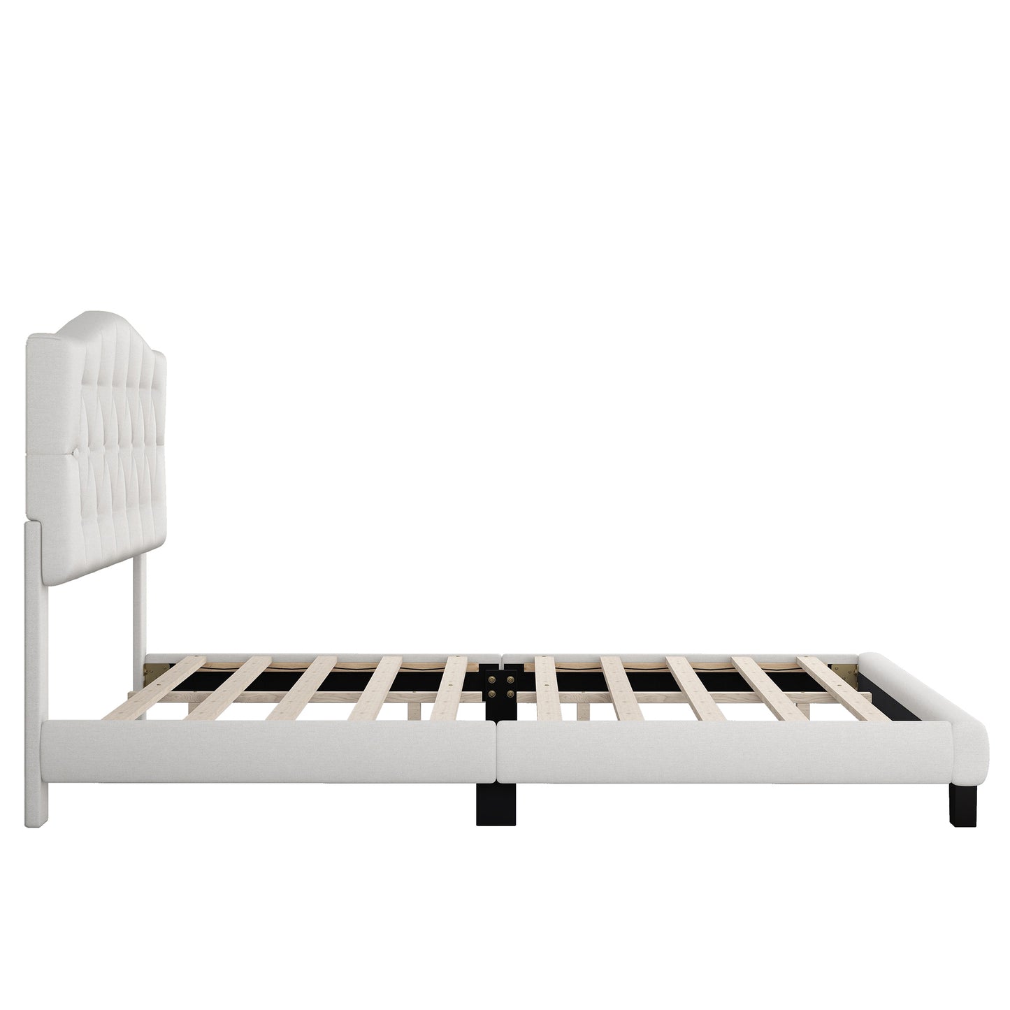 Upholstered king platform bed with curved headboard, beige