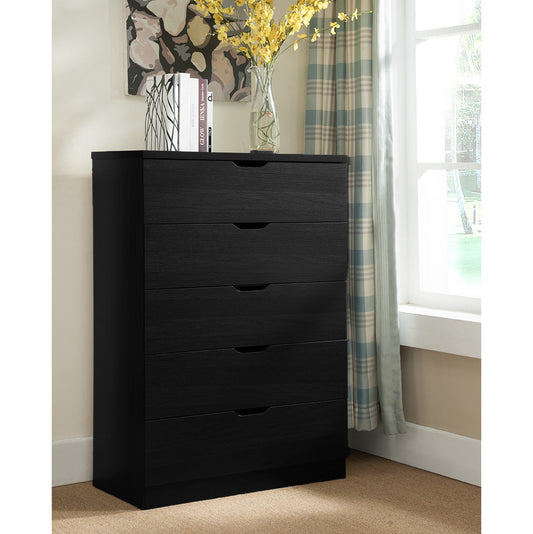 Modern black dresser with five drawers and metal glides for clothes and storage