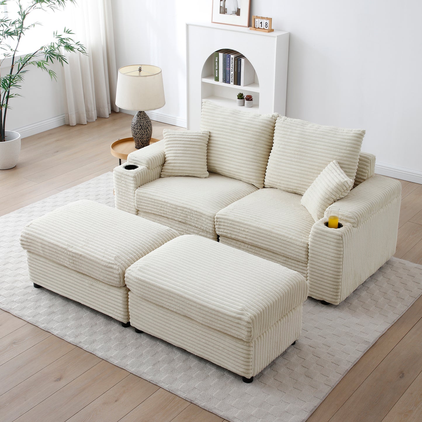 Loveseat with Ottomans, Corduroy Modular Sofa, Deep Plush, Cream