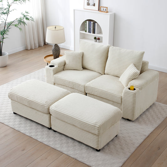 Loveseat with Ottomans, Corduroy Modular Sofa, Deep Plush, Cream