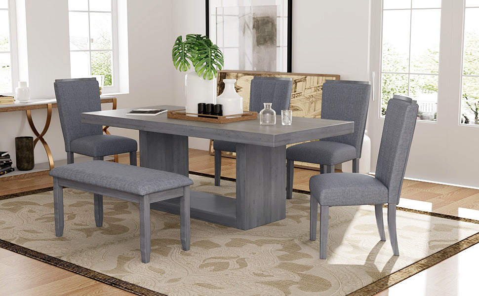 6-piece contemporary extendable dining set with pedestal table and bench, gray