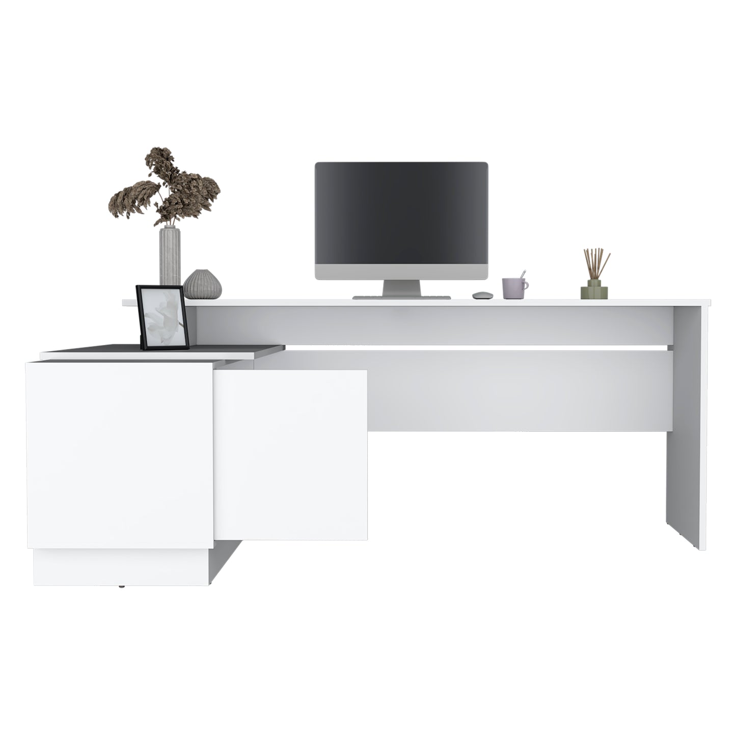 70" L-Shaped Desk with Cabinet and Open Shelves