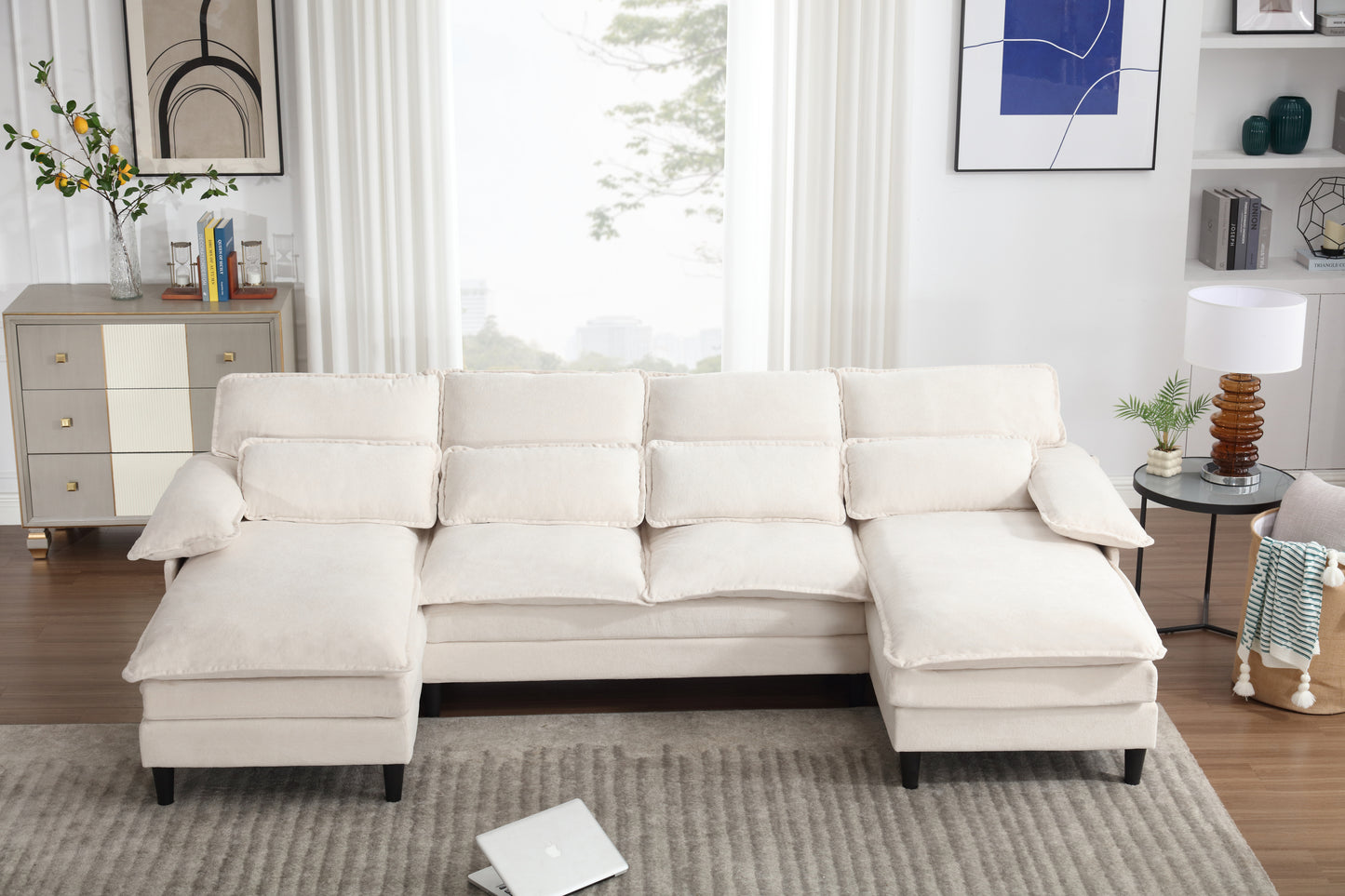 U-Shaped Modular Sectional Sofa with Chaise Lounge, 4 Seater, Terrycloth, Beige