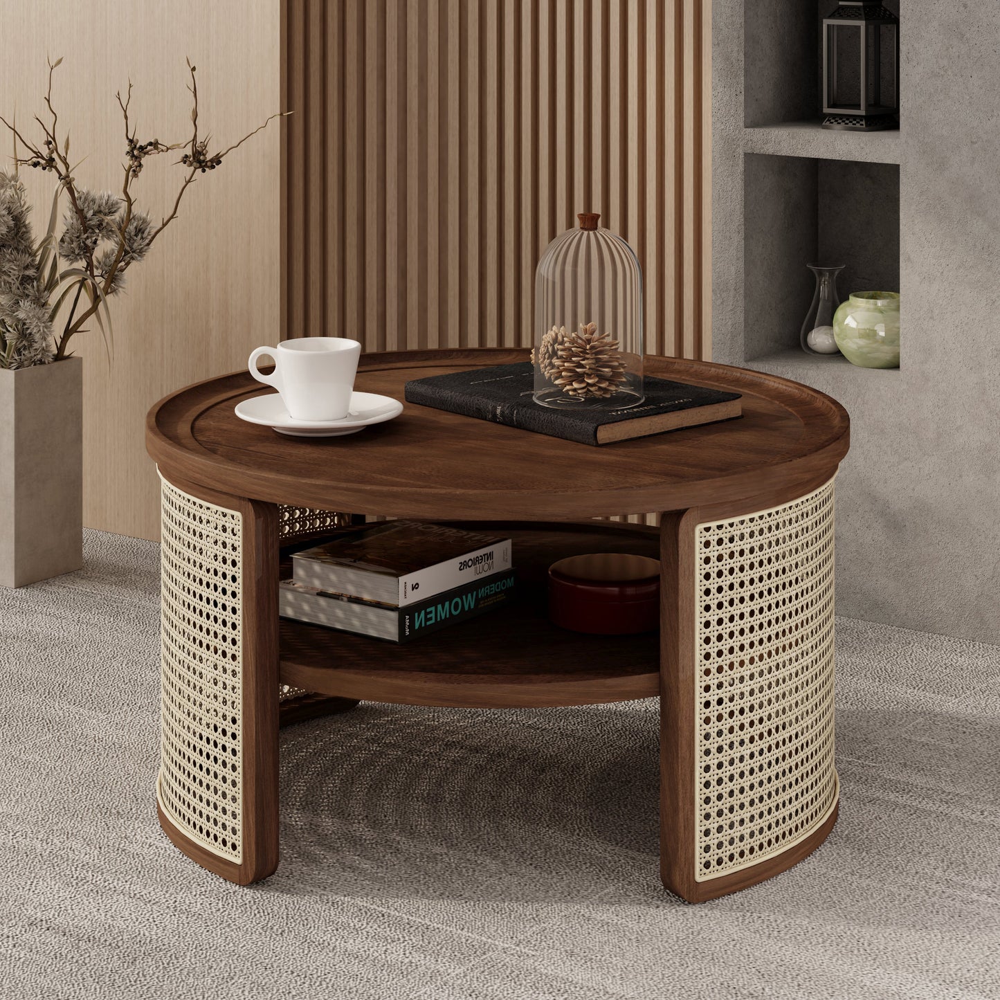 2-Tier Walnut Coffee Table with Rattan Base