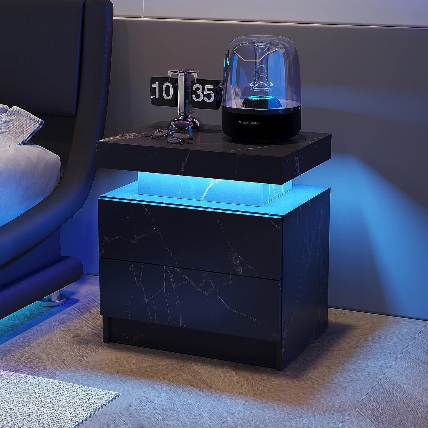 Modern LED nightstand with 2 drawers, black gold