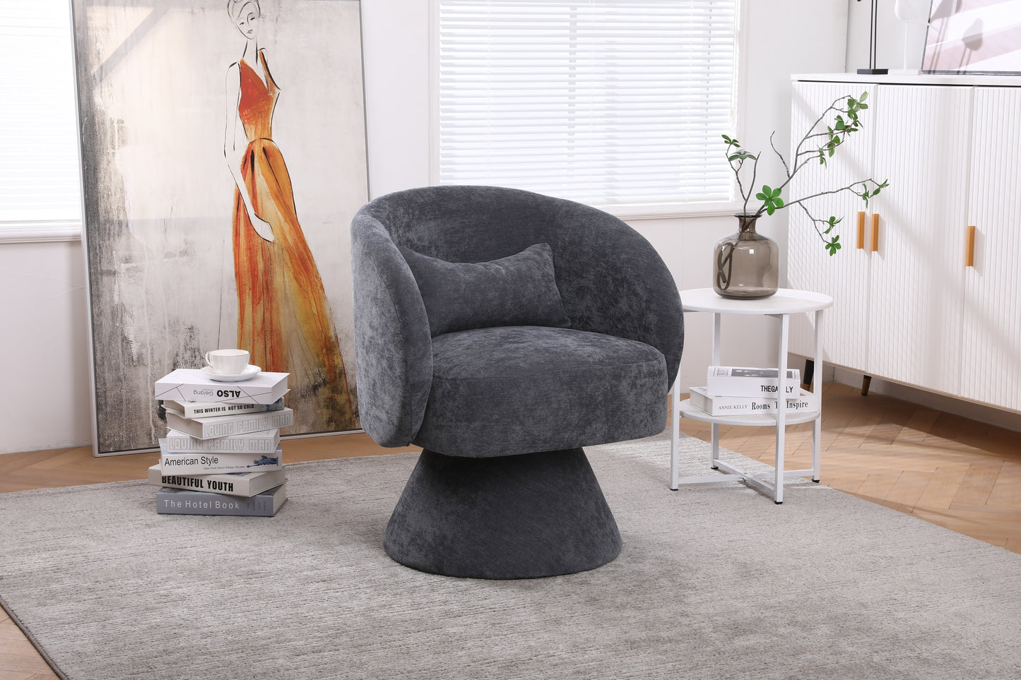 Swivel Accent Chair with a round barrel design for living rooms and bedrooms - Dark Grey