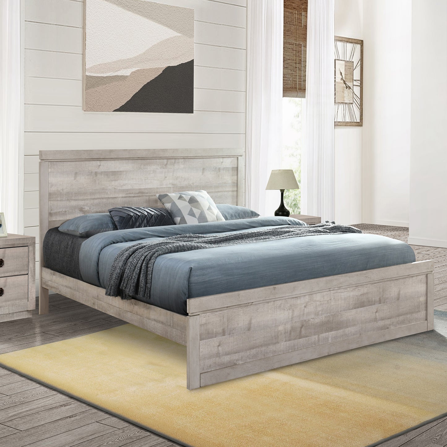 Vintage farmhouse king platform bed with wooden slats, rustic white