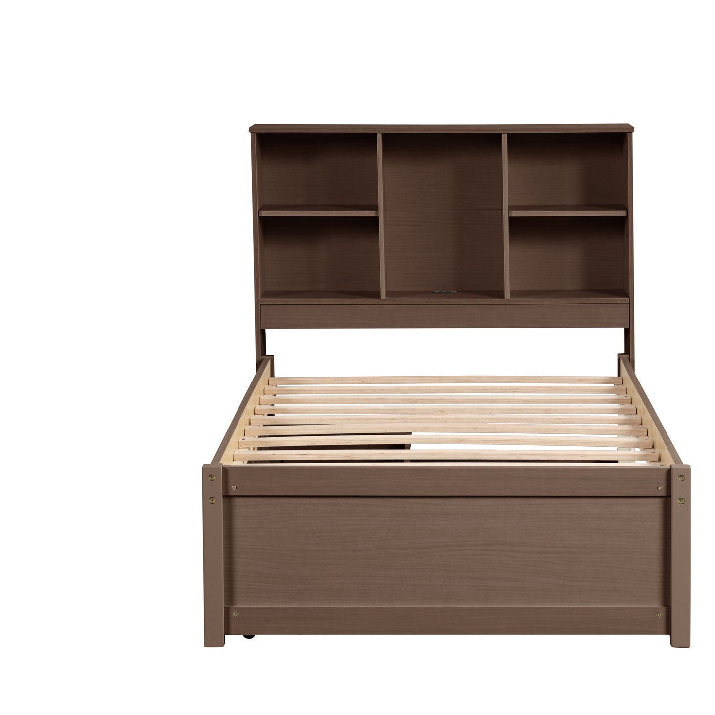 Modern twin bed frame with USB port, bookcase headboard, and drawers, walnut