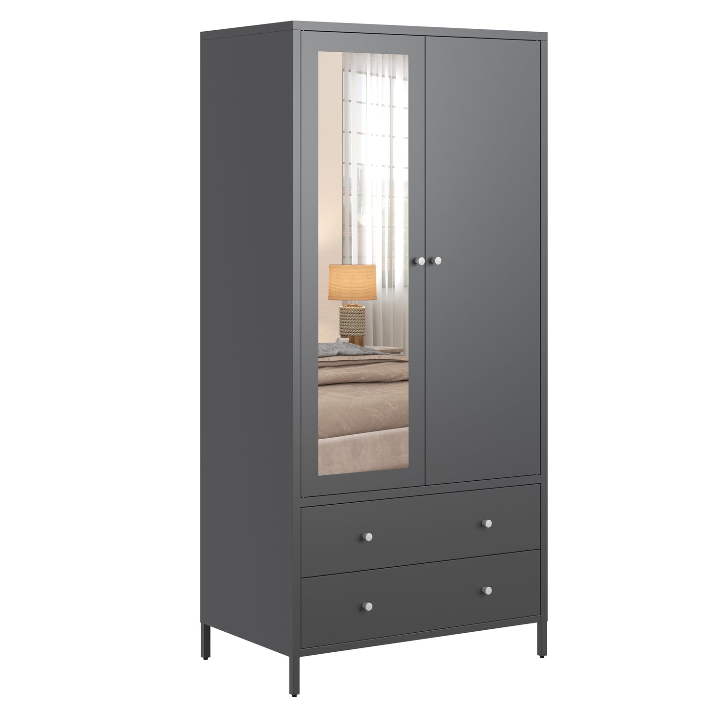 Metal dresser armoire wardrobe with mirror door, 2 drawers, and hanging rod, dark gray