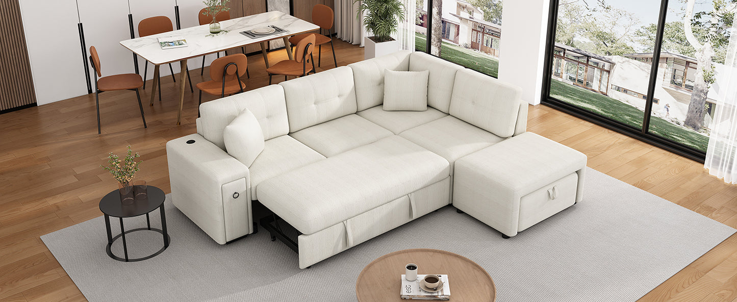 86.6 L-Shaped Sofa Bed with Ottoman, USB Ports & Cup Holders, Beige