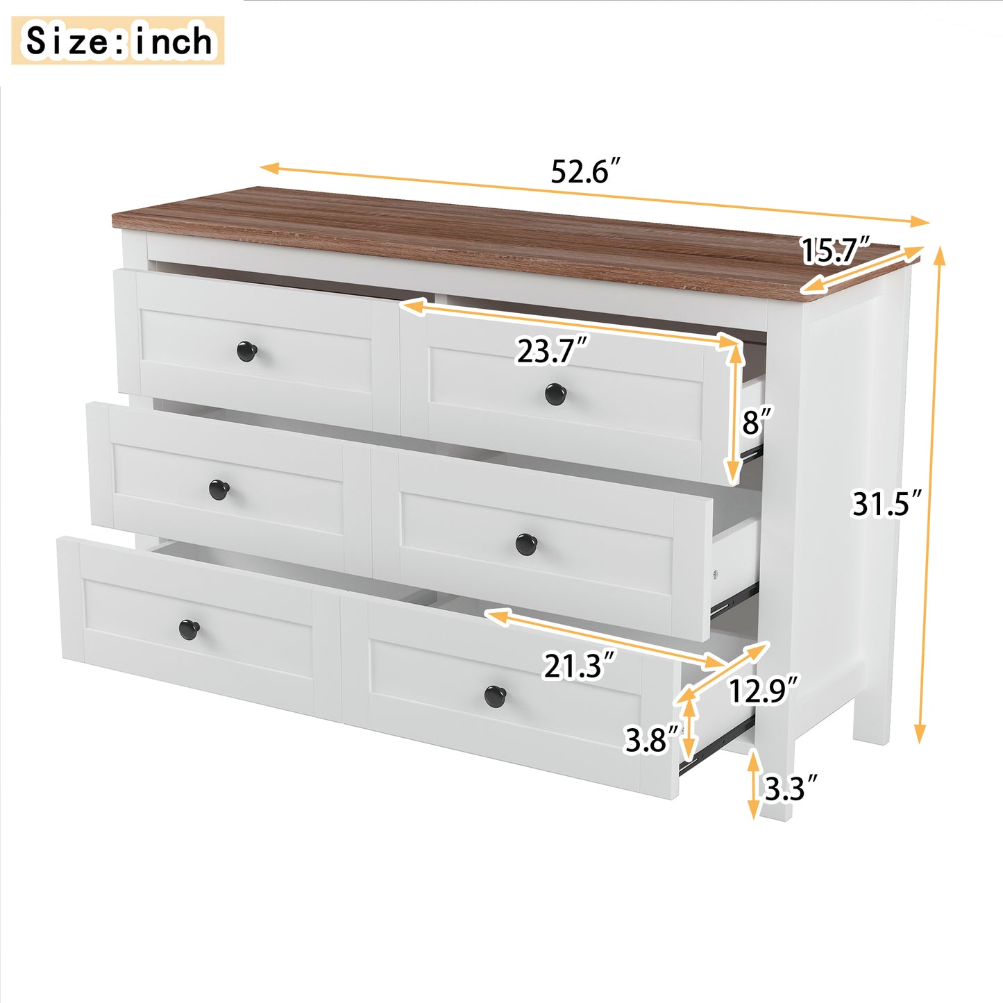 Retro farmhouse dresser with 6 drawers, white and brown