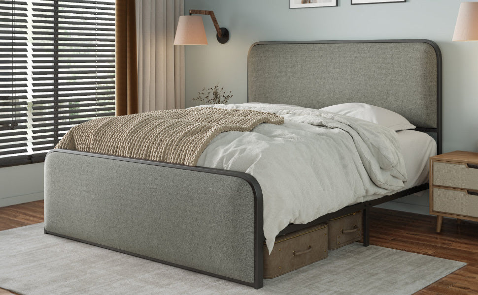 Modern king metal bed frame with curved upholstered headboard and under-bed storage, gray