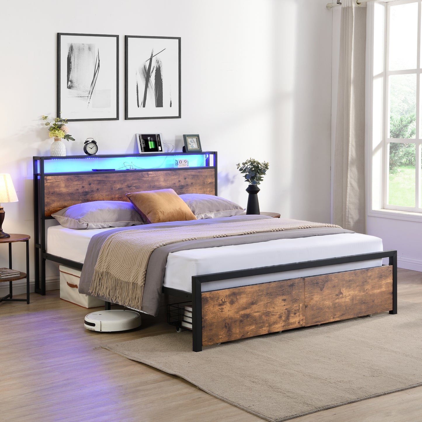 Queen bed frame with storage headboard, drawers, and LED lights