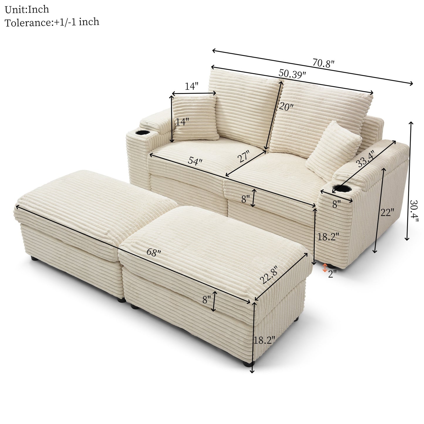 Loveseat with Ottomans, Corduroy Modular Sofa, Deep Plush, Cream