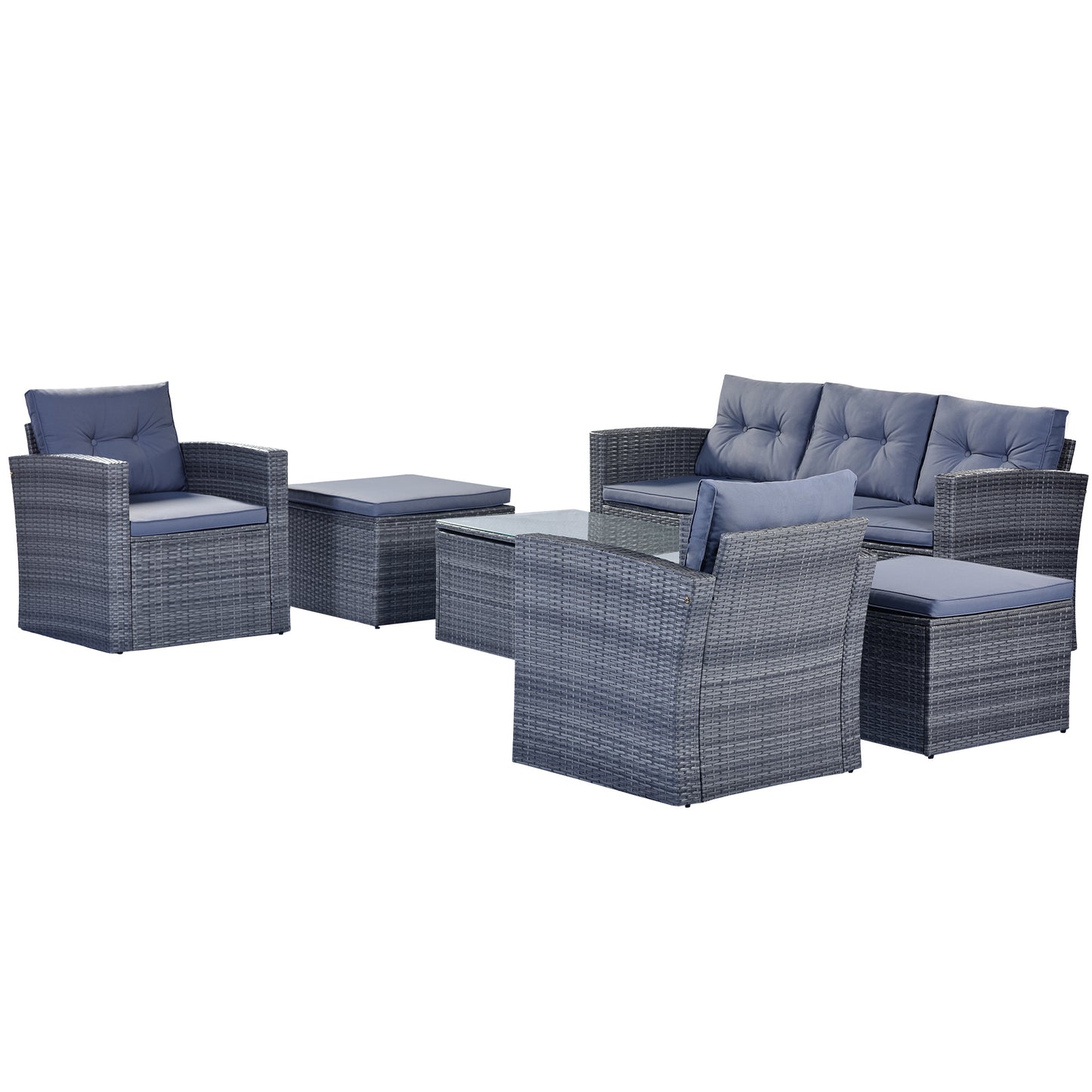 6-piece wicker patio sectional set with coffee table, dark grey wicker, light grey cushions