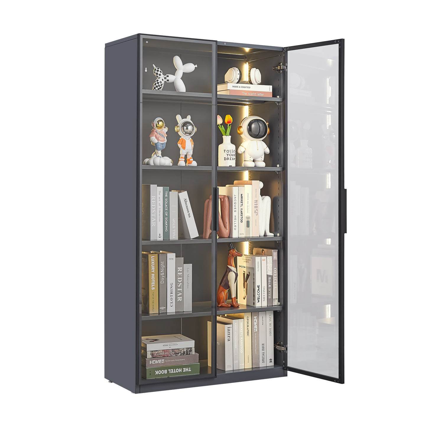 Double-door metal glass display cabinet with LED light