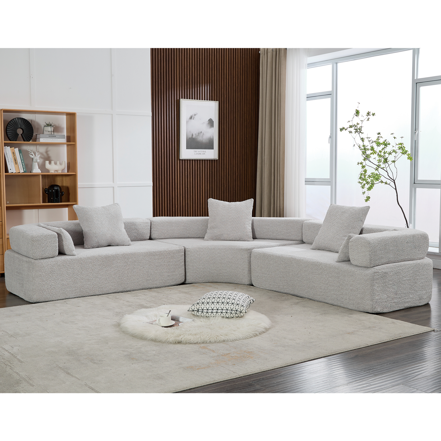 Oversized Curved 4-Seater Modular Sofa, 3-Piece Boucle, Gray