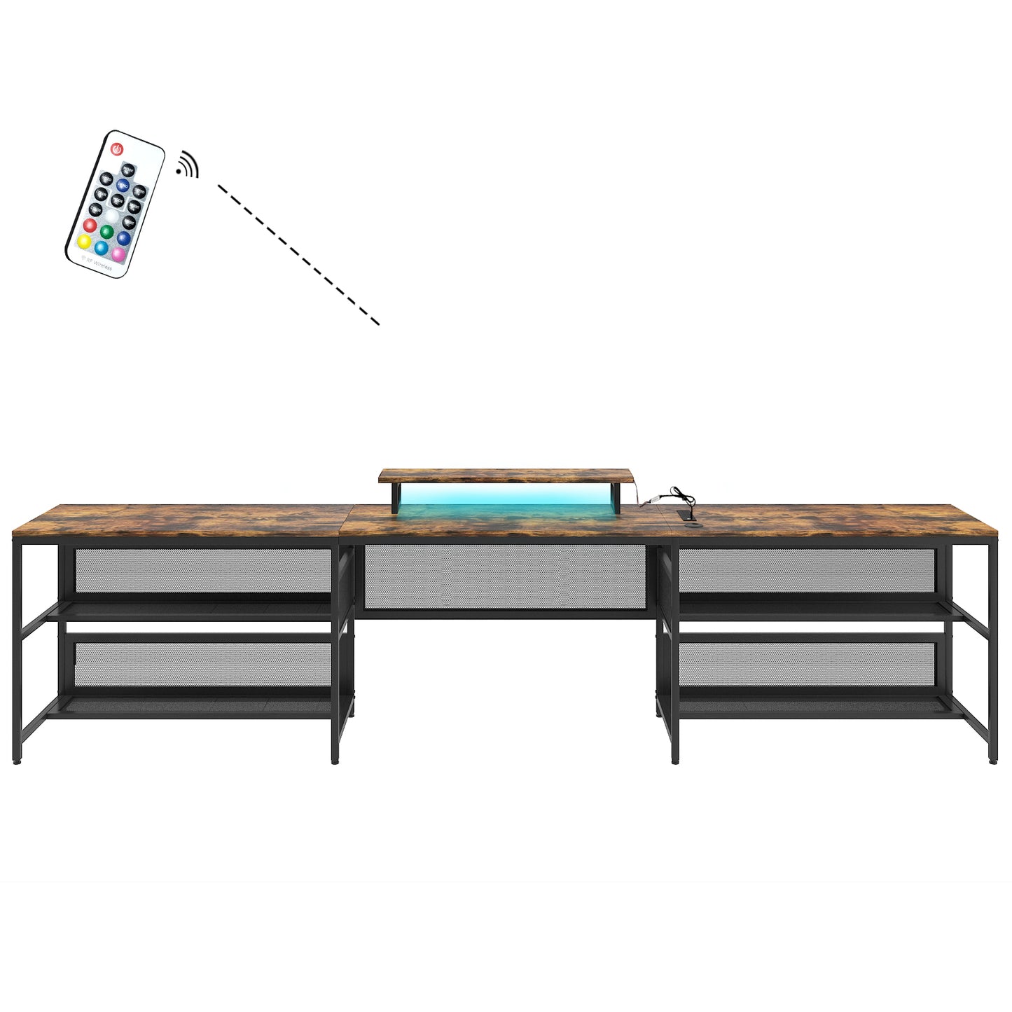 U-Shaped Desk with Power Outlets, LED, Monitor Stand, and Storage