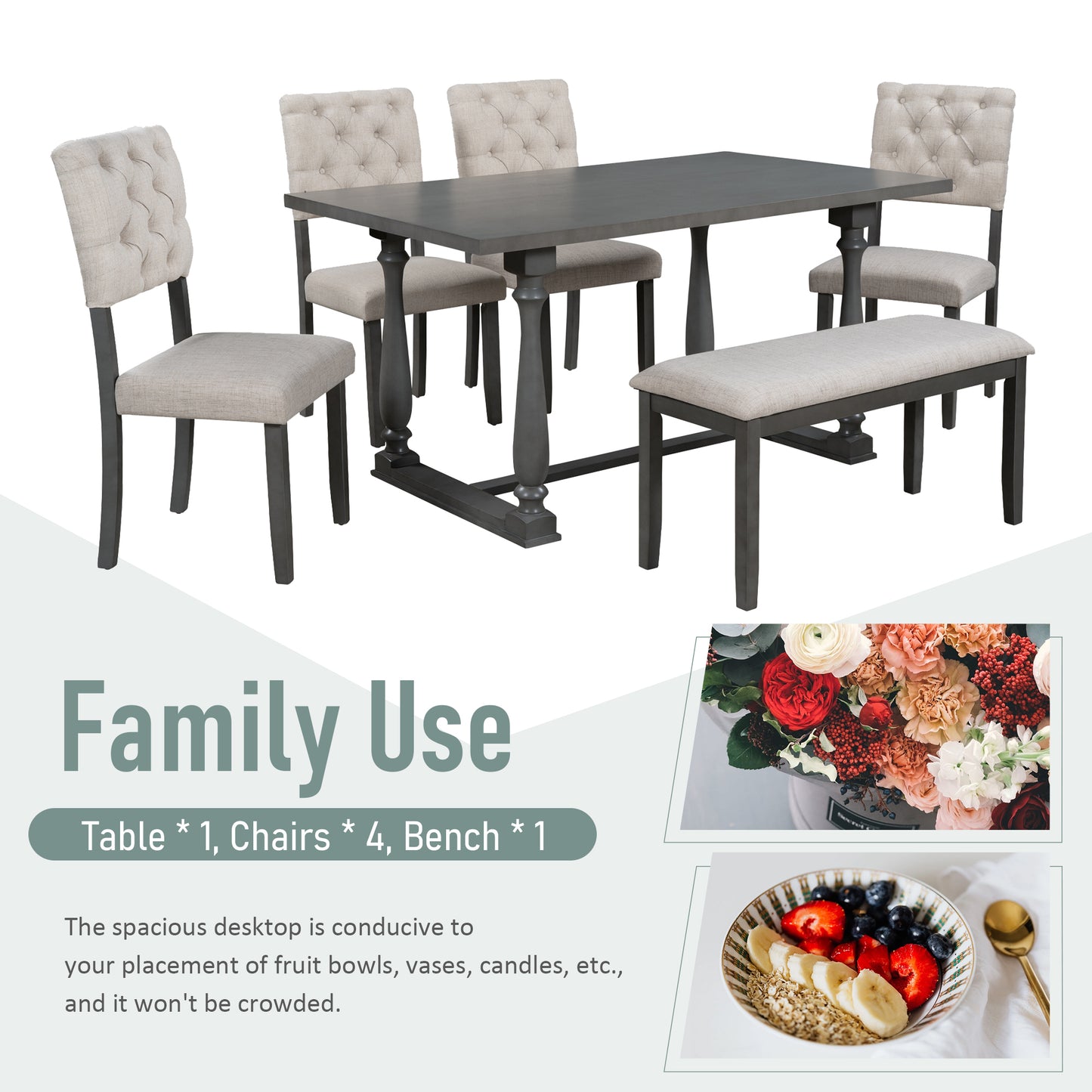 6-piece dining set with special-shaped legs and cushioned seats, gray