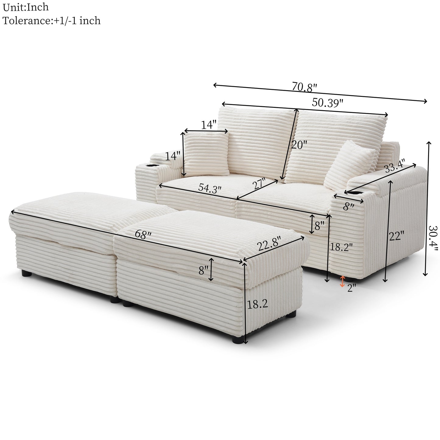 Loveseat with Ottomans, Corduroy Modular Sofa, Deep Plush, Beige