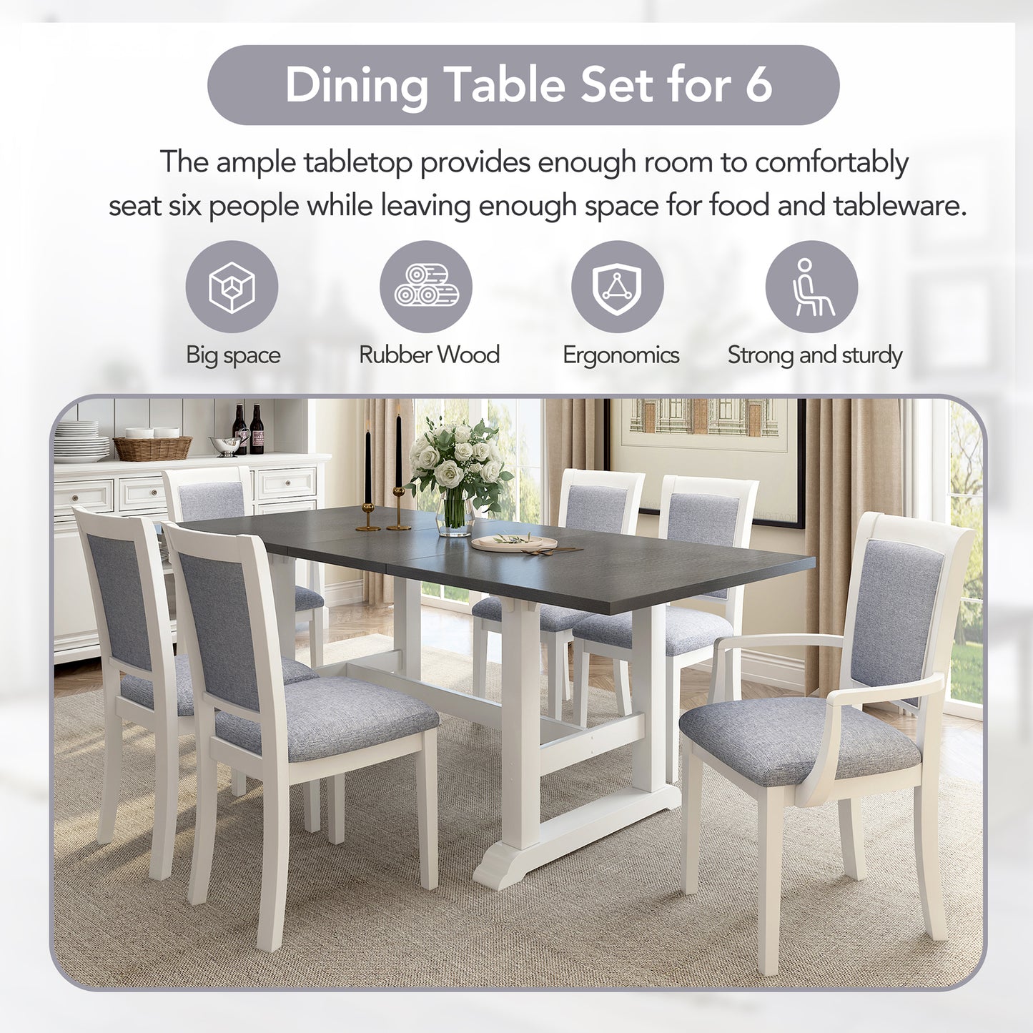 7-piece updated extendable dining set with removable leaf, white finish