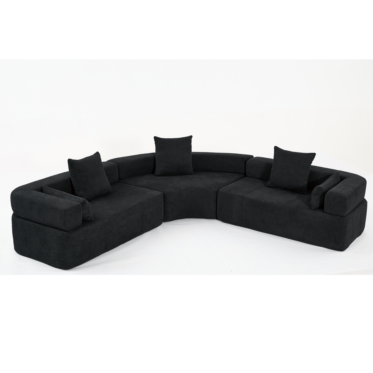 Oversized Curved 4-Seater Modular Sofa, 3-Piece Boucle, Black