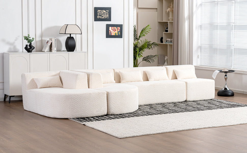 143.7 Upholstered Sofa with Chaise and Back Pillows, Beige