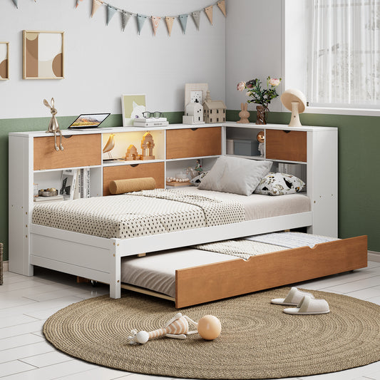 L-shaped twin bed frame with trundle, bookcase, LED light, walnut and white