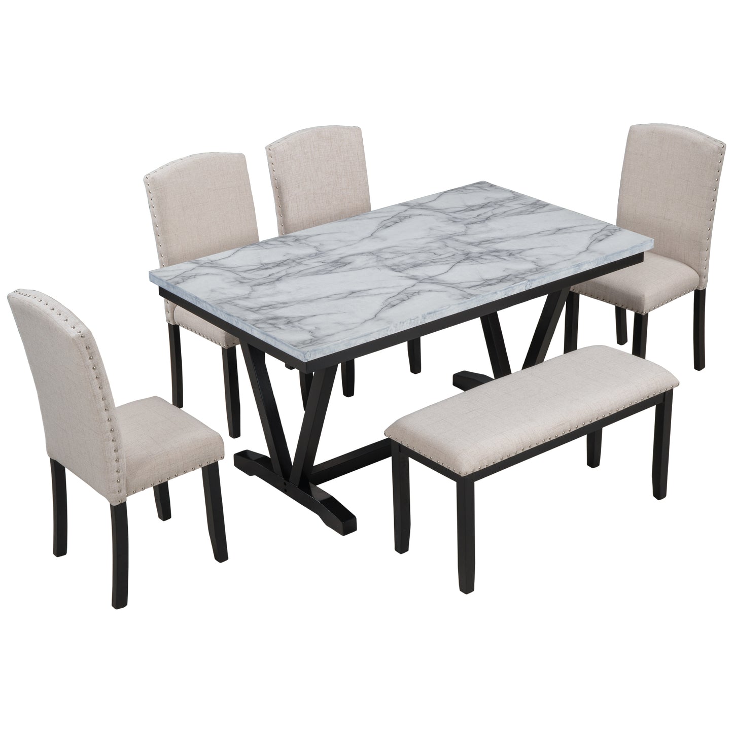 6-piece modern dining set with marbled tabletop and bench, white